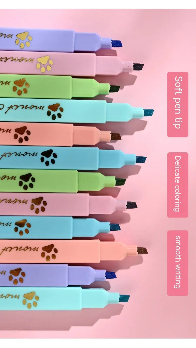 Cat's Paw fluorescent marking pen set showing six coloured pens with oblique nibs in a plastic case.