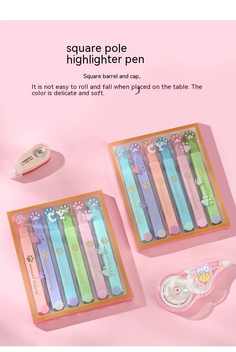Cat's Paw fluorescent marking pen set showing six coloured pens with oblique nibs in a plastic case.