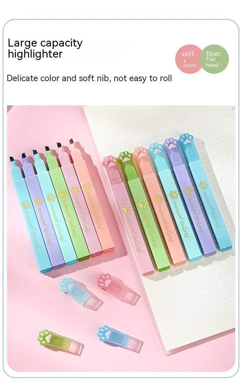 Cat's Paw fluorescent marking pen set showing six coloured pens with oblique nibs in a plastic case.