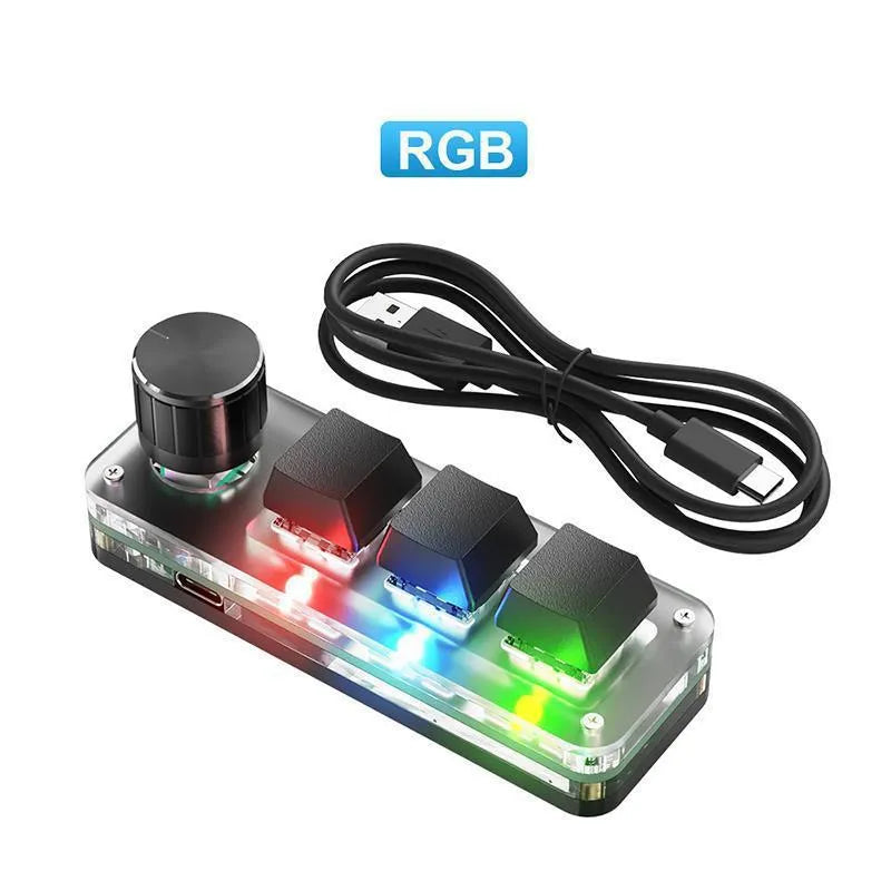 Black and white custom RGB backlit USB keypad with compact 15cm x 10cm dimensions