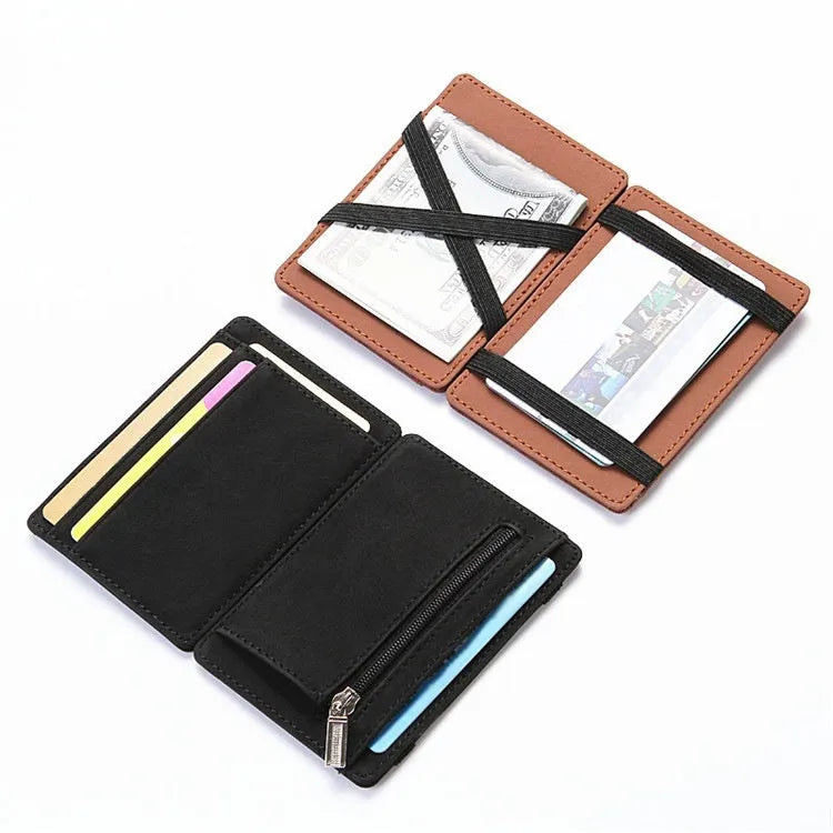 Black PU leather magic flip wallet with a zipper coin purse and sewing line detail.