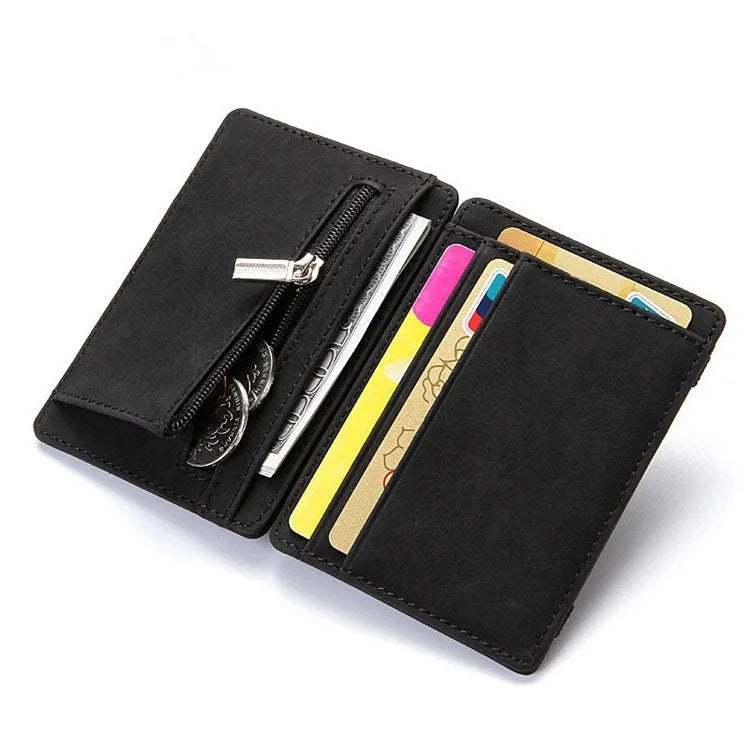 Black PU leather magic flip wallet with a zipper coin purse and sewing line detail.