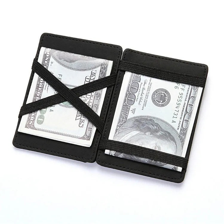 Black PU leather magic flip wallet with a zipper coin purse and sewing line detail.