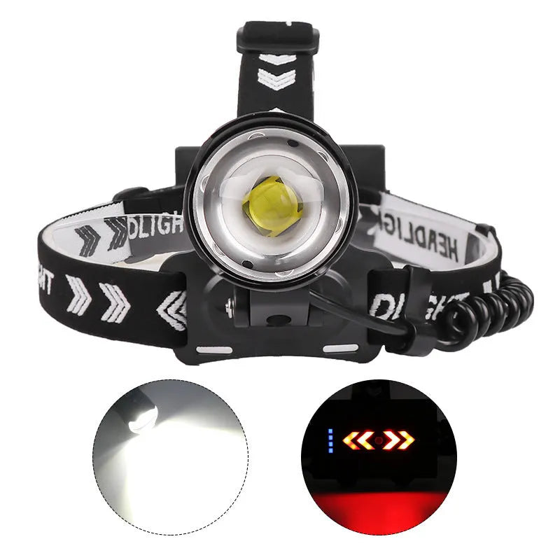 Black telescopic zoom headlight with aluminium alloy body, showing micro USB port and press switch.
