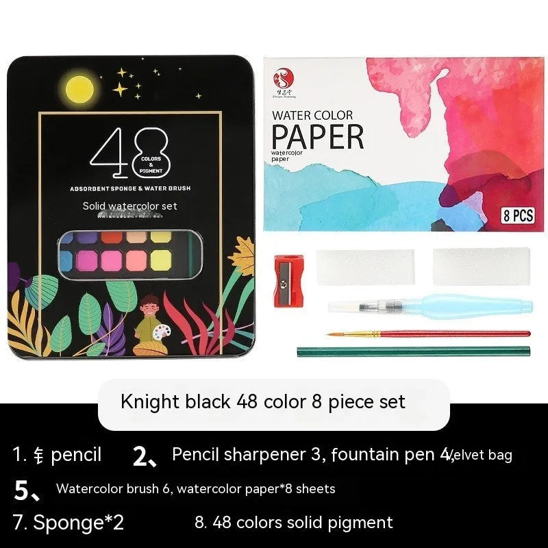 48 colour solid watercolour paint set in box showing Black Knight, Girl Pink and Sunshine Blue pans