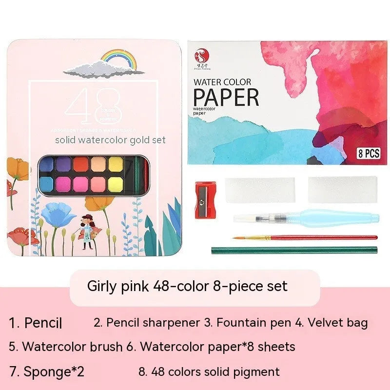 48 colour solid watercolour paint set in box showing Black Knight, Girl Pink and Sunshine Blue pans