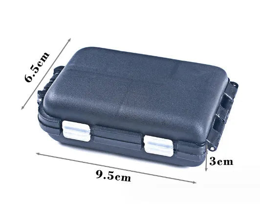 Plastic fishing tackle storage box with 10 compartment grid, shown in black colour