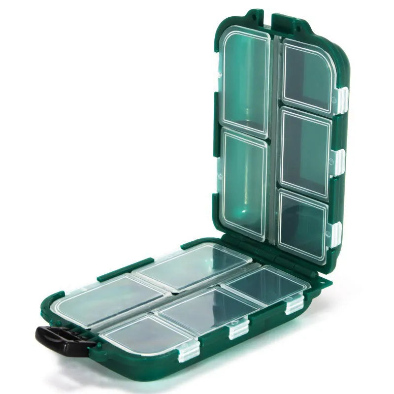 Plastic fishing tackle storage box with 10 compartment grid, shown in black colour