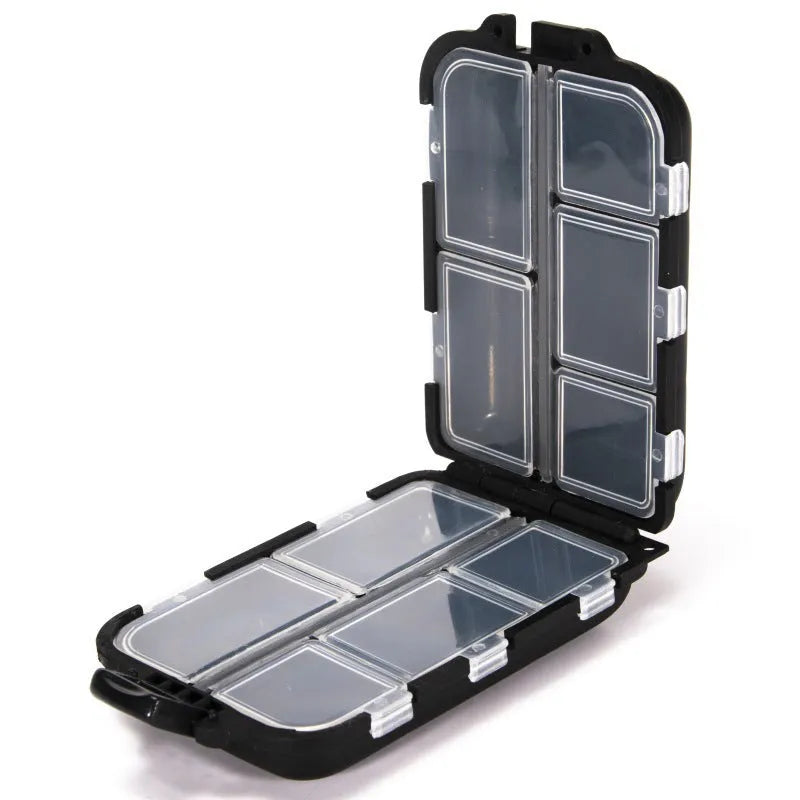 Plastic fishing tackle storage box with 10 compartment grid, shown in black colour