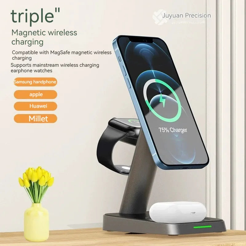 Black cube wireless charging station with vertical smartphone placement showing 10000mAh capacity