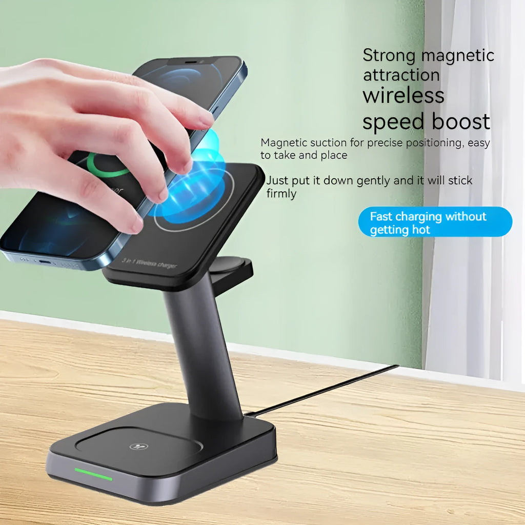 Black cube wireless charging station with vertical smartphone placement showing 10000mAh capacity