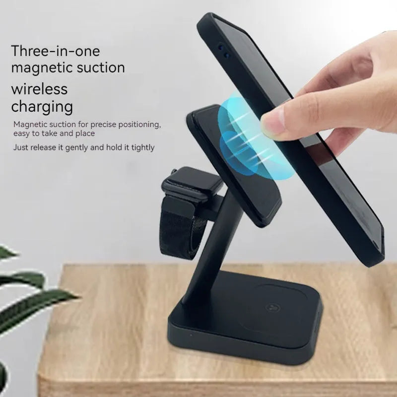 Black cube wireless charging station with vertical smartphone placement showing 10000mAh capacity