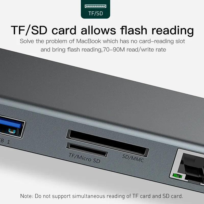 Grey aluminium ten-port docking station with cooling bracket showing HDMI, VGA, and Ethernet ports