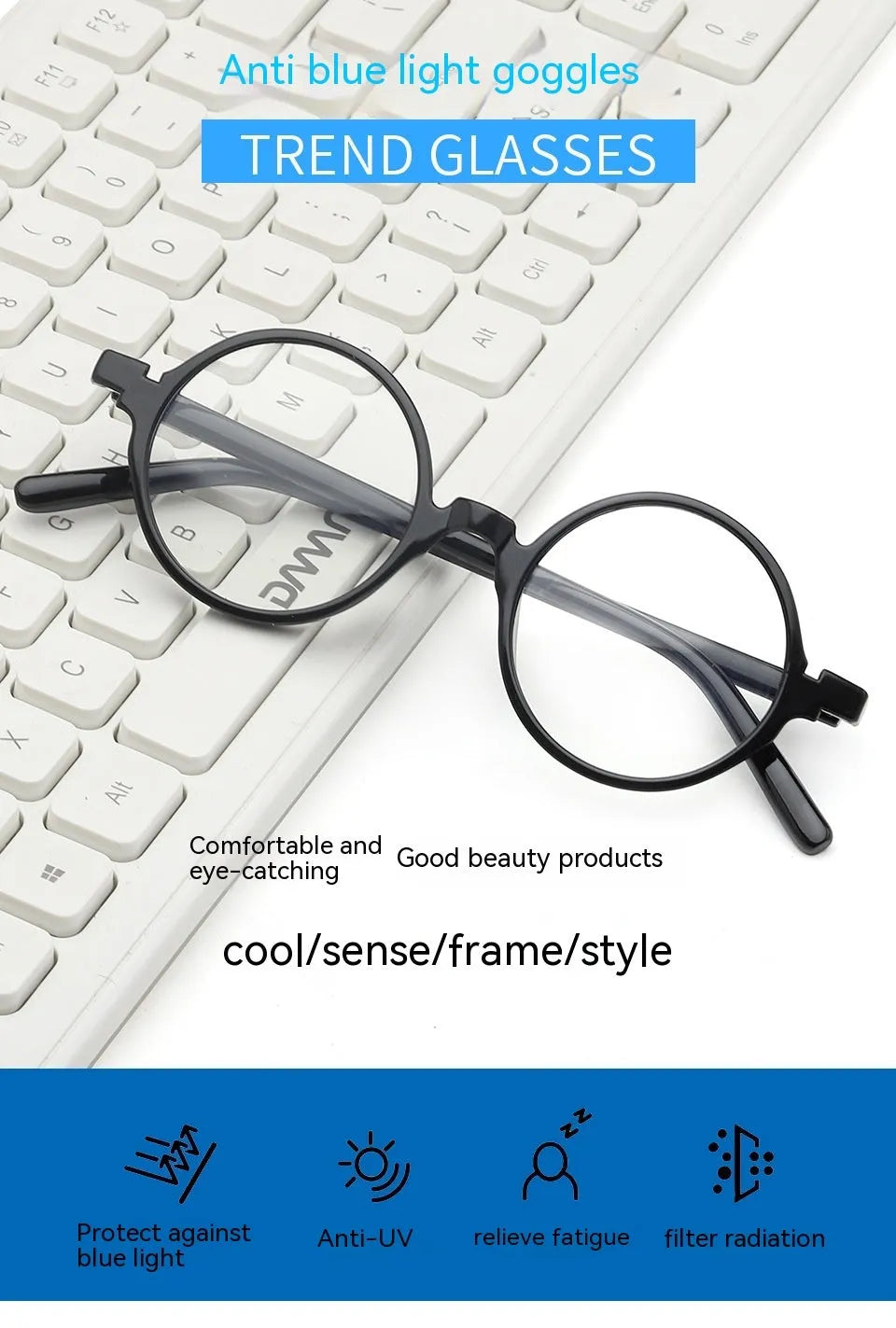 Artistic retro round glasses with flat mirrors in bright black, sand black, tofu pudding frame, or transparent grey colours