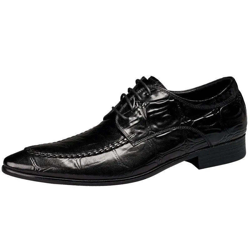 Men's black low-top leather shoes with alligator pattern texture and a silver horse bit buckle.