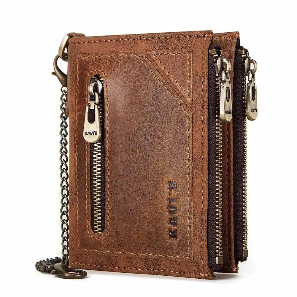 Men's brown RFID anti-theft leather wallet with chain detail and genuine cowhide construction