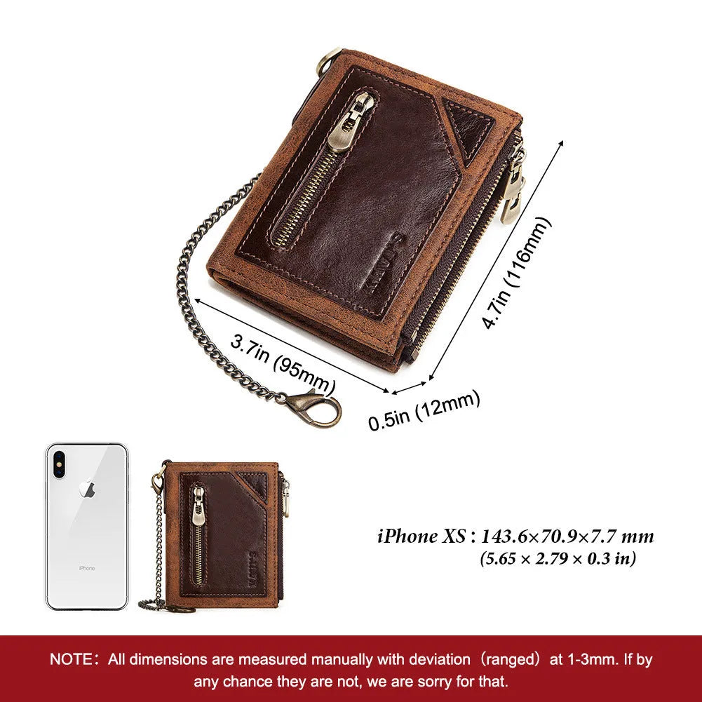 Men's brown RFID anti-theft leather wallet with chain detail and genuine cowhide construction