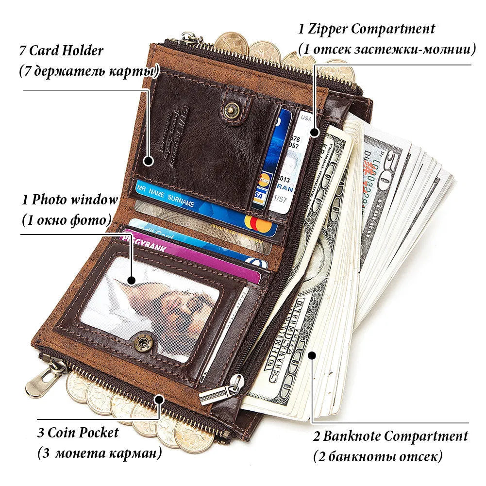 Men's brown RFID anti-theft leather wallet with chain detail and genuine cowhide construction