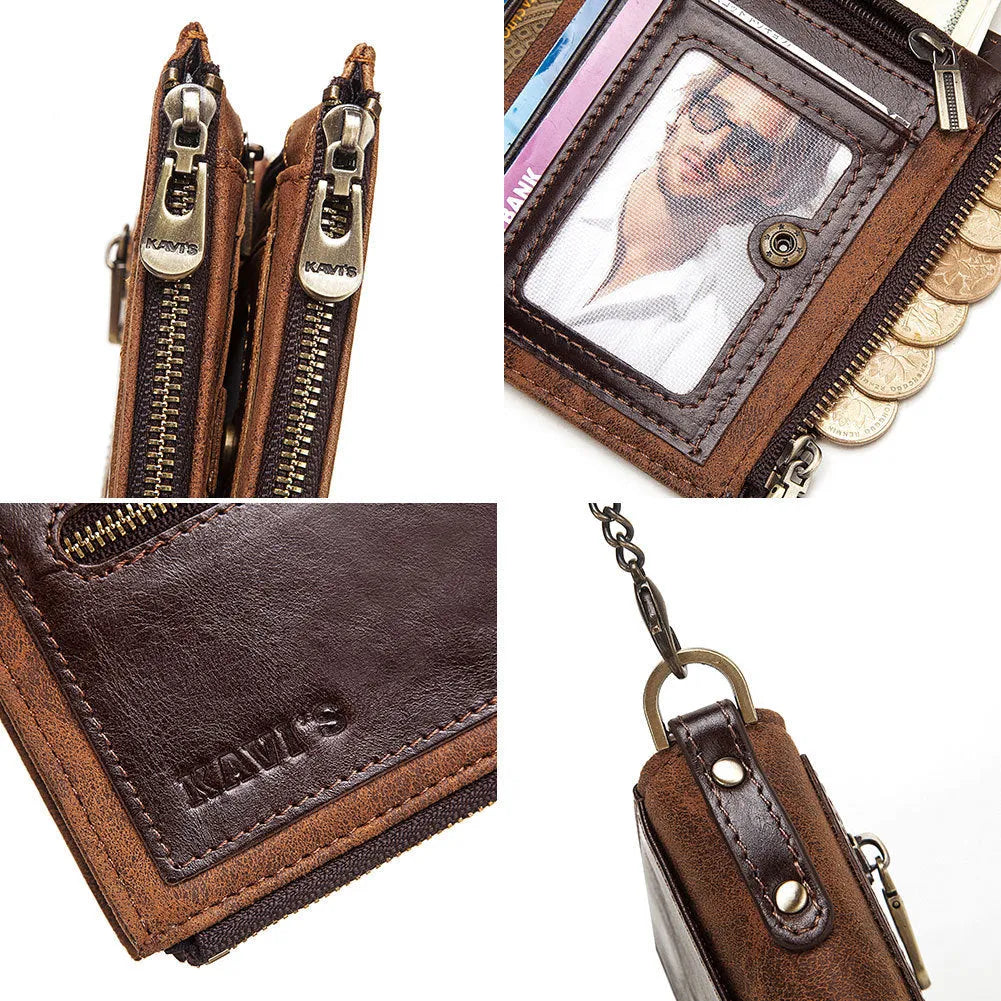 Men's brown RFID anti-theft leather wallet with chain detail and genuine cowhide construction