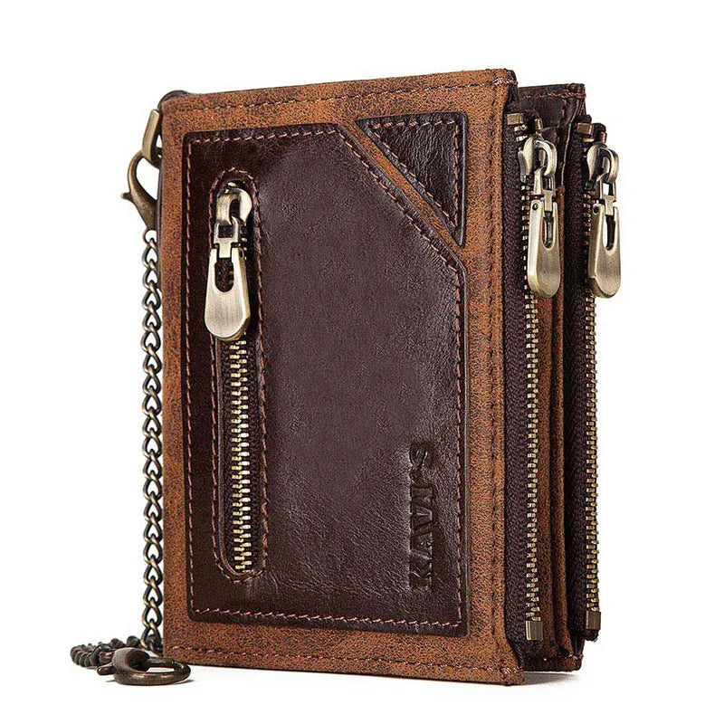Men's brown RFID anti-theft leather wallet with chain detail and genuine cowhide construction