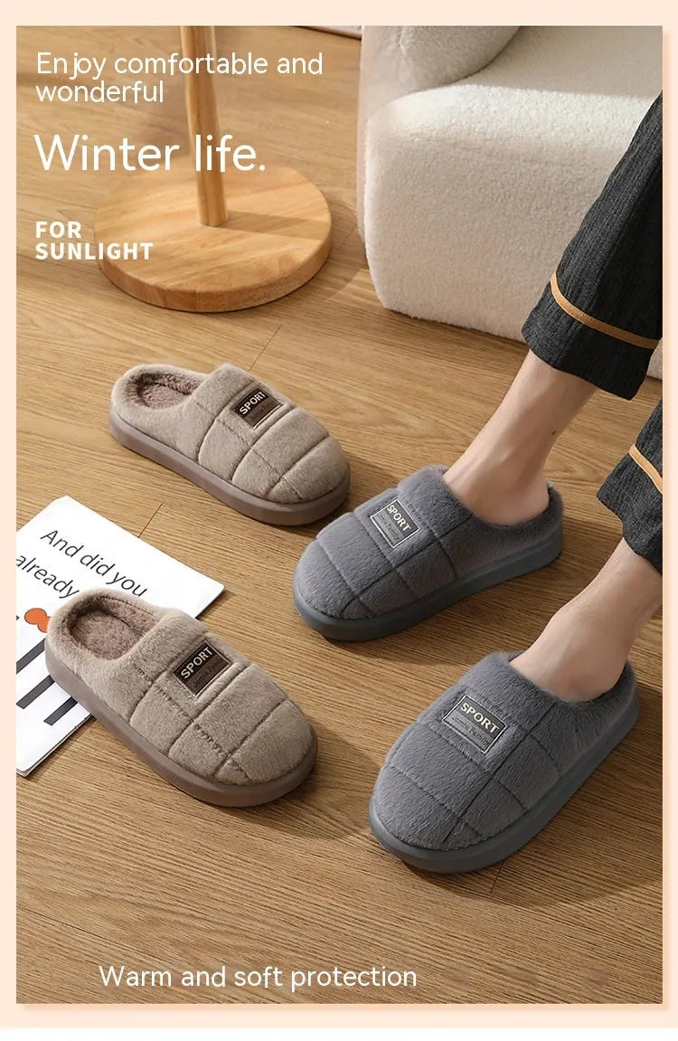 Men's grey and brown plaid winter slippers with thick rabbit hair upper and wool lining.