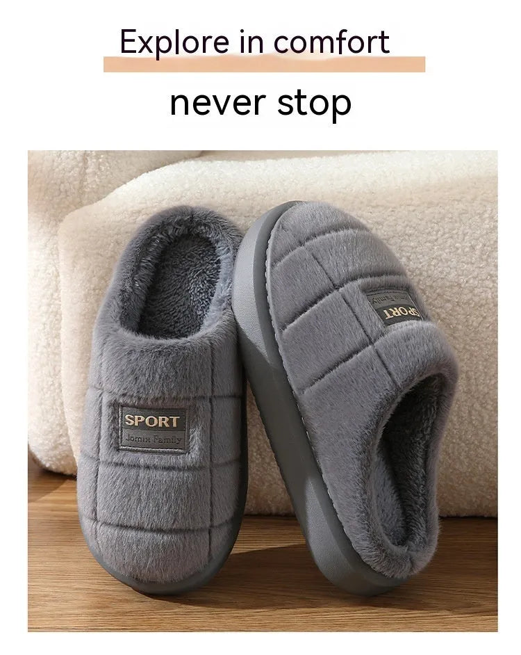 Men's grey and brown plaid winter slippers with thick rabbit hair upper and wool lining.