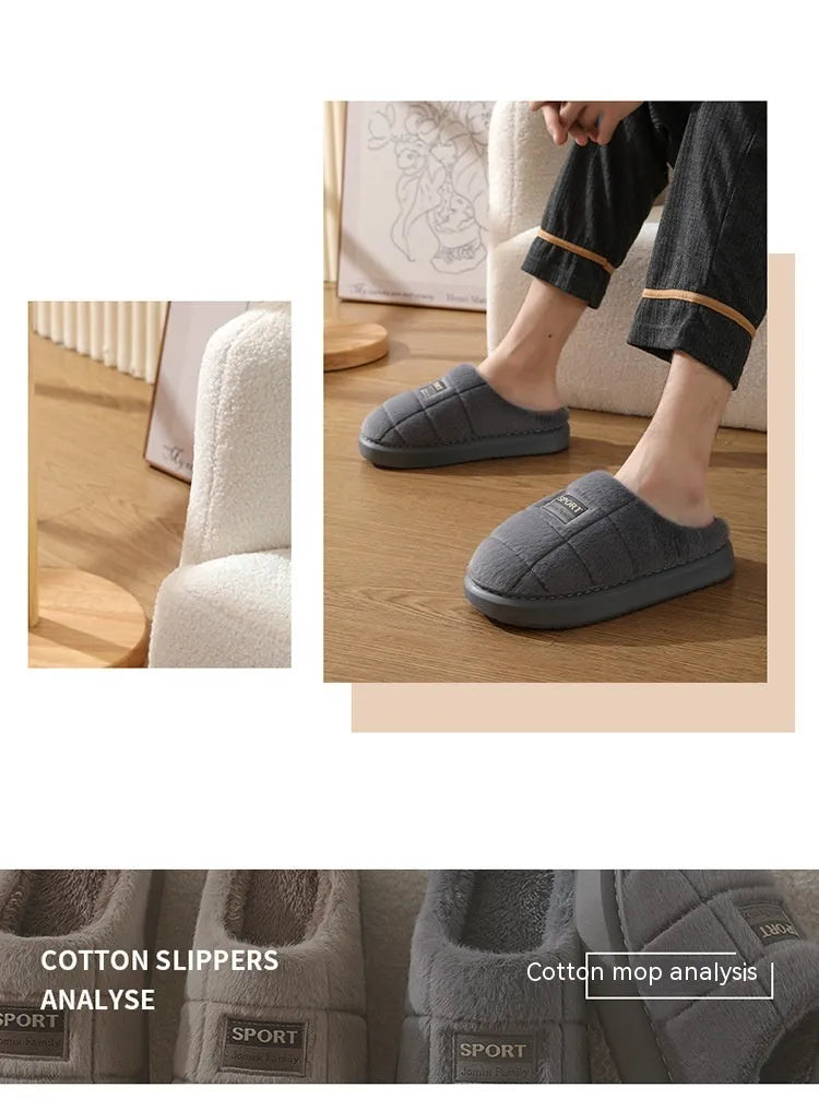 Men's grey and brown plaid winter slippers with thick rabbit hair upper and wool lining.