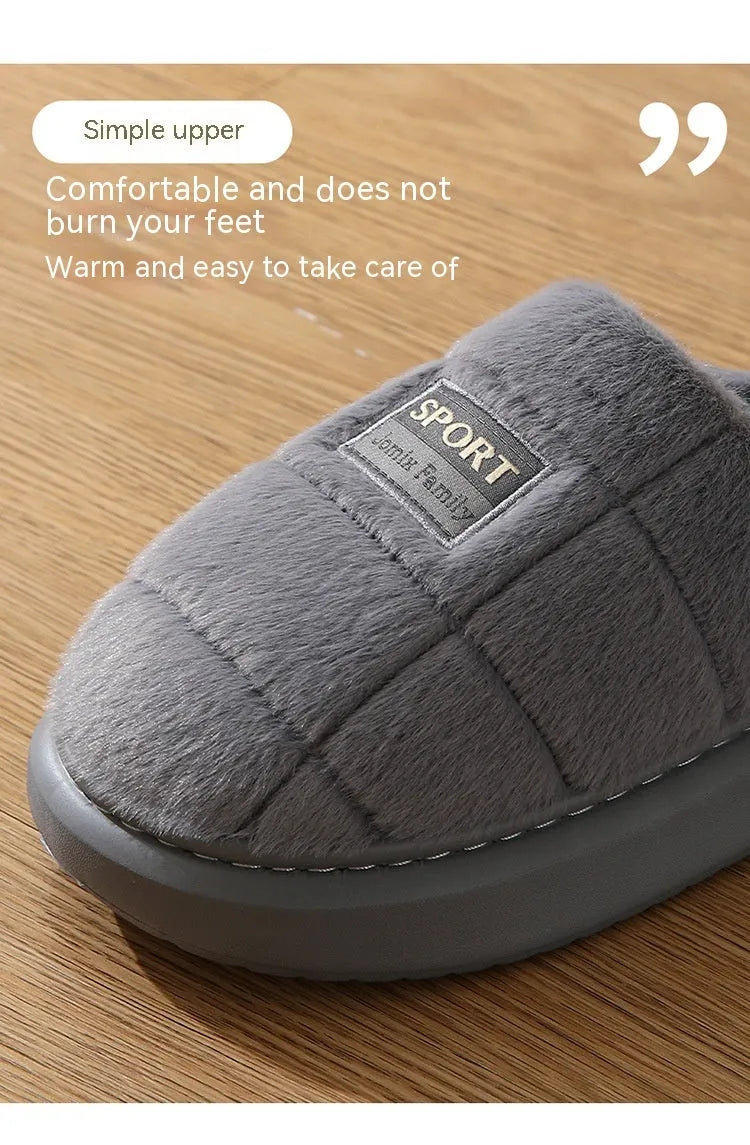 Men's grey and brown plaid winter slippers with thick rabbit hair upper and wool lining.