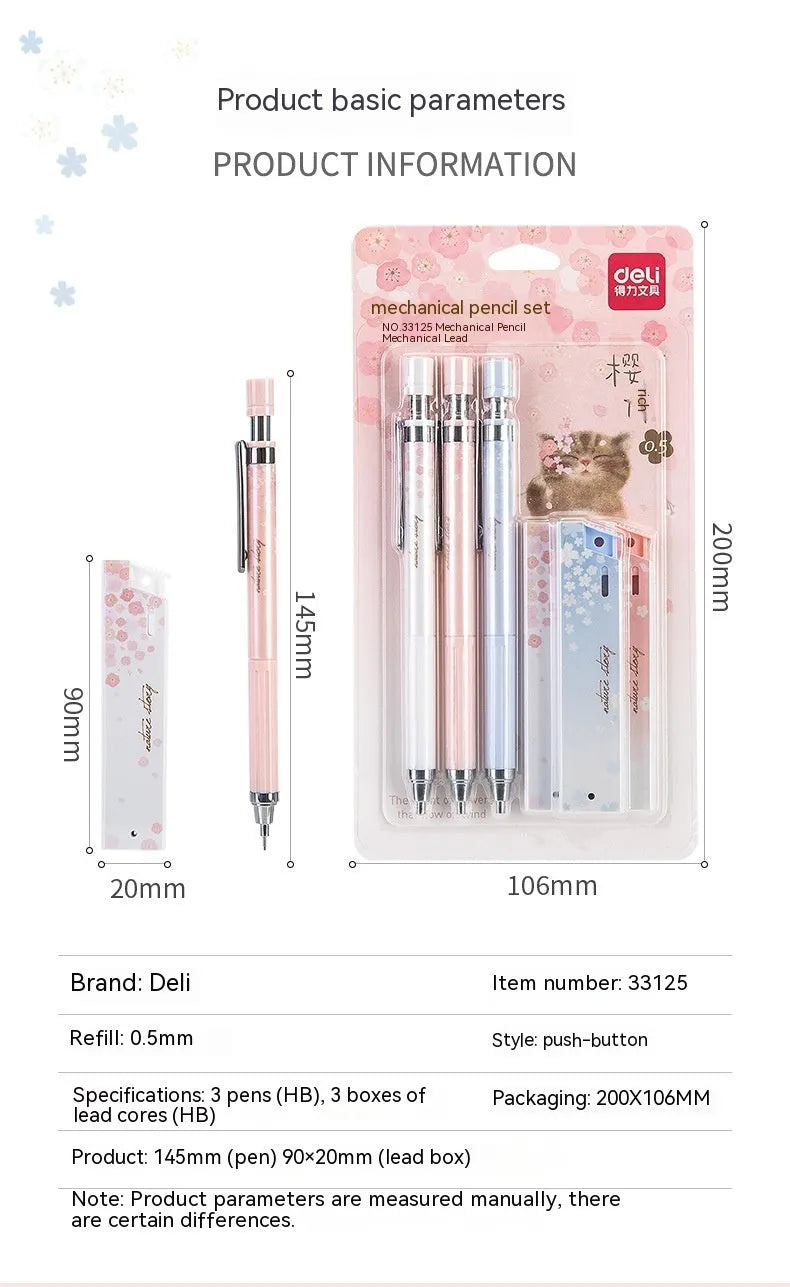 Sakura cartoon design 0.5mm automatic pencil set with three pencils and HB lead refills