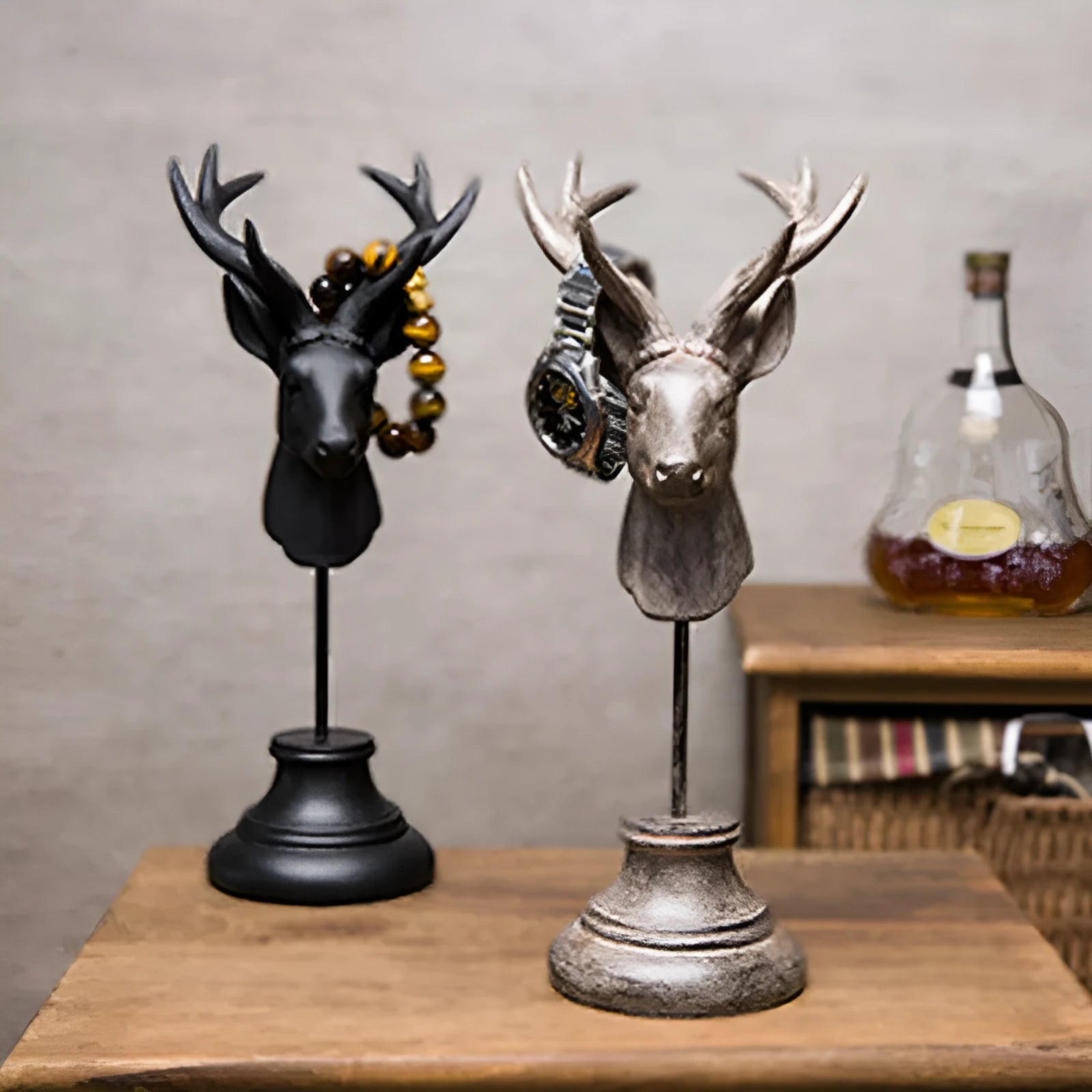 Tall natural resin animal sculpture decoration in black, white, or wood colour finish, 32cm high.