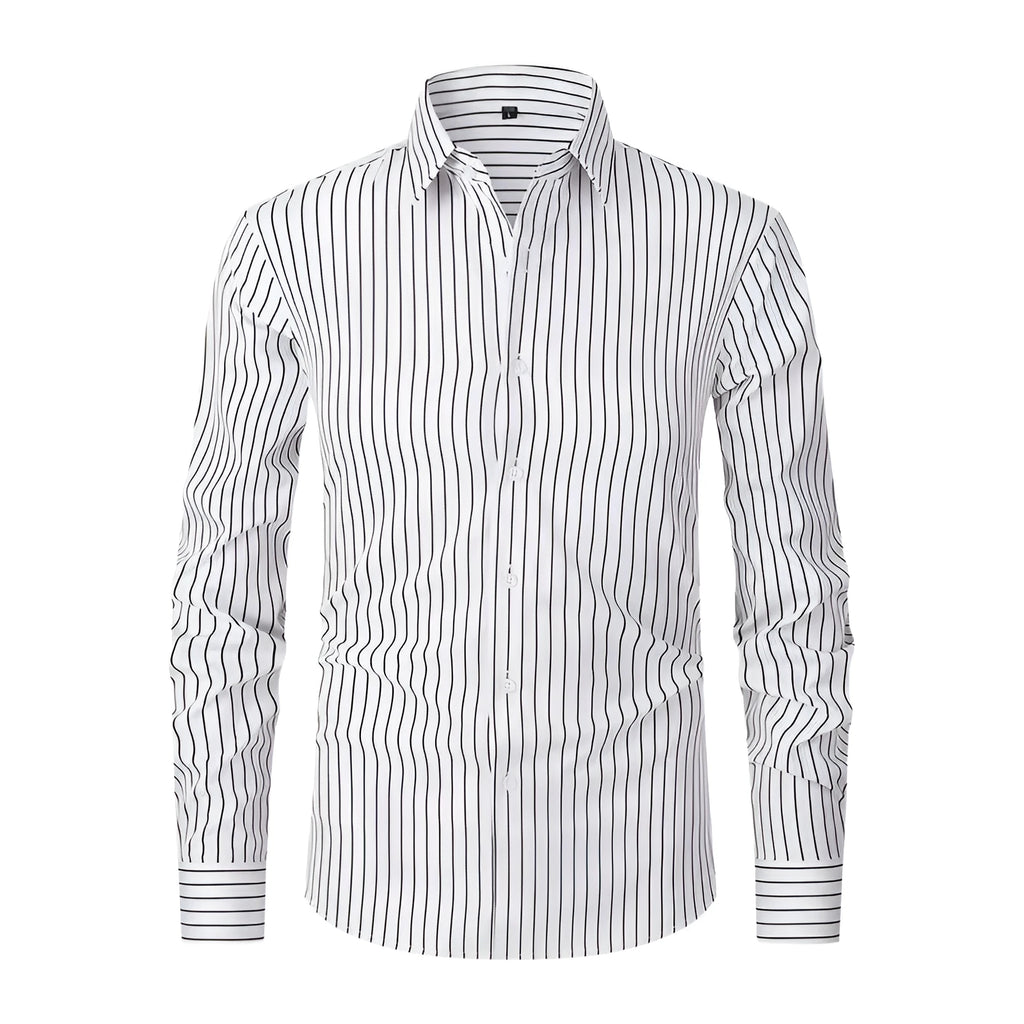 Men's striped business shirt in slim fit cardigan style with long sleeves and ice silk polyester blend fabric