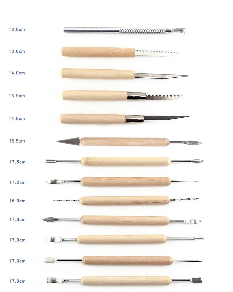 27-piece pottery clay tool set with stainless steel, wood, and plastic instruments for sculpture.