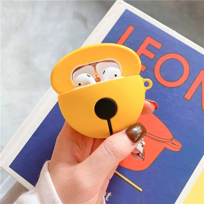 Yellow silicone protective case for AirPods 1 and 2 with an attached carrying strap.