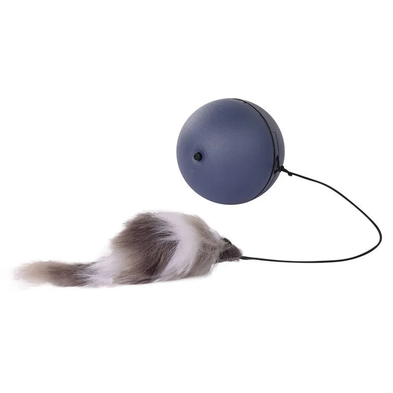 Automatic cat teasing ball toy with plush mouse attachment showing blue orange colour option