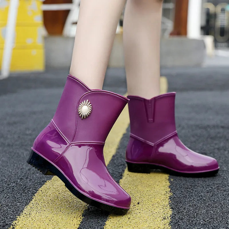Women's middle tube PVC rain boots in purple, black or beige with non-slip soles