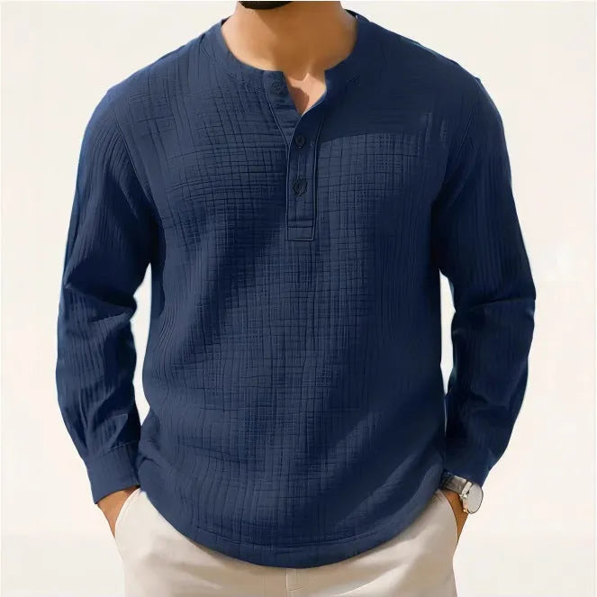 Slim fit long sleeve linen blend shirt in Army Green with three-quarter length sleeves on a hanger.