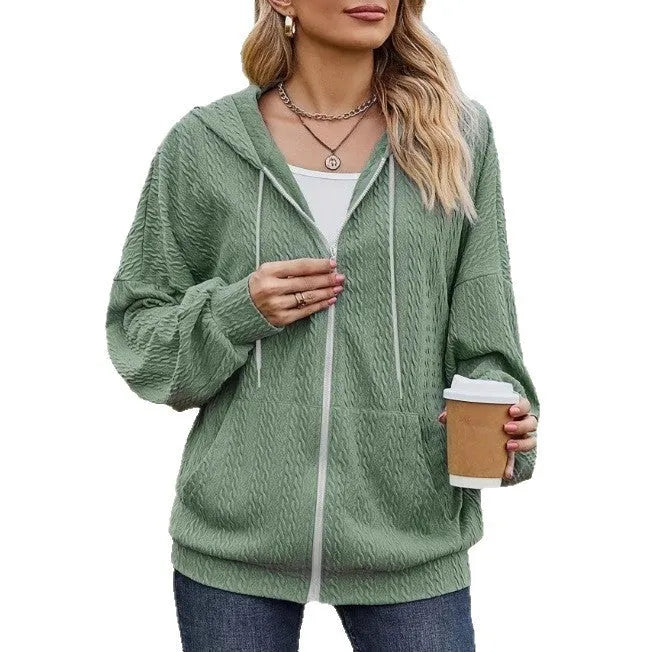 Green women's hooded sweater coat with zip front closure and loose casual fit