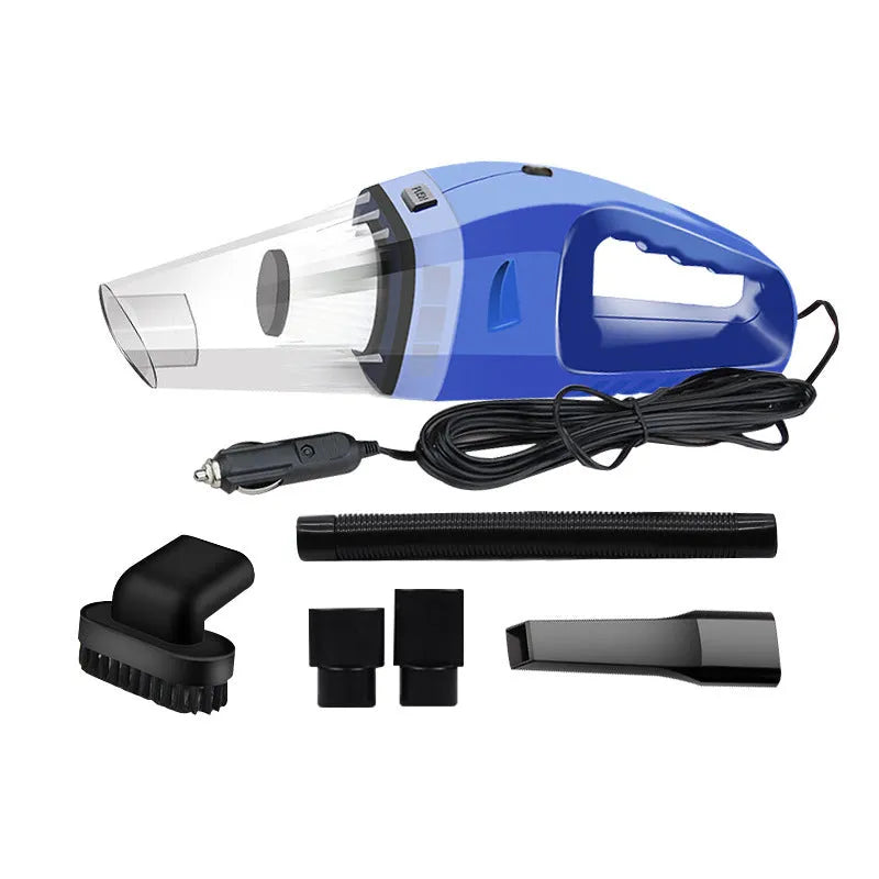 Compact orange handheld car vacuum cleaner with cable next to car seats