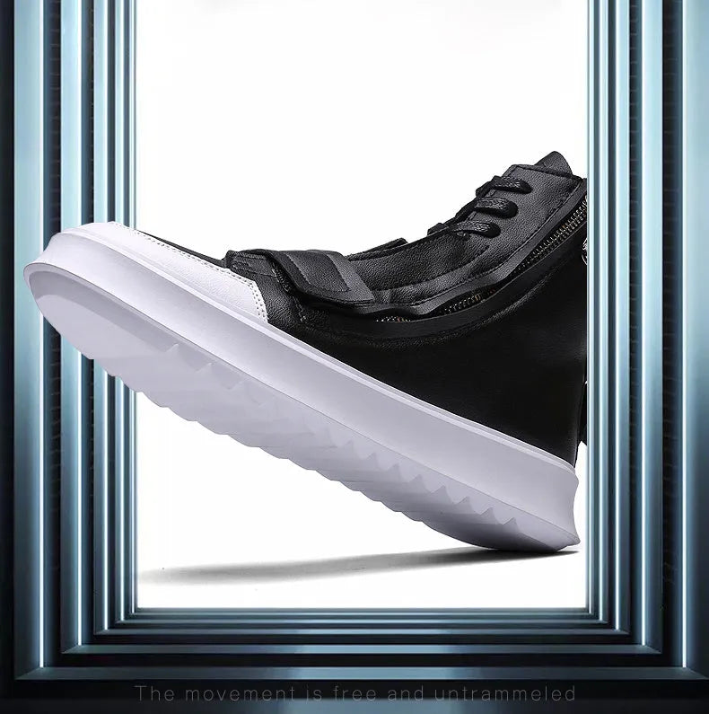 Men's black and white PU leather ankle boots in high-top sneaker style for winter