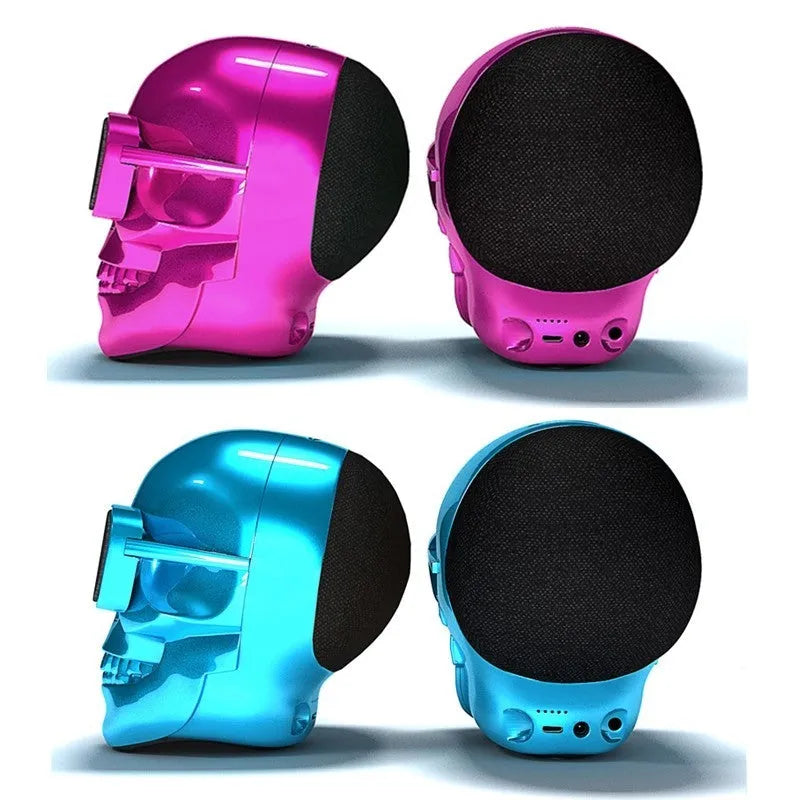 Skull-shaped wireless Bluetooth speaker in black with portable compact design