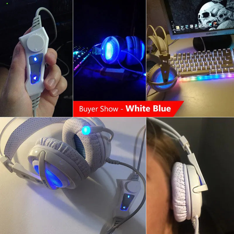 Black and white 7.1 channel USB gaming headset with LED lights on ear cups and padded headband.