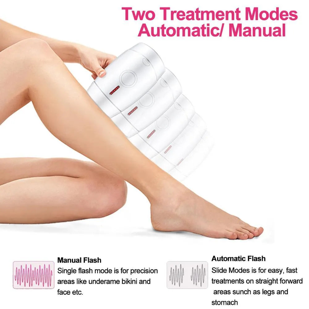 White home laser hair removal device with LCD display and five adjustment buttons