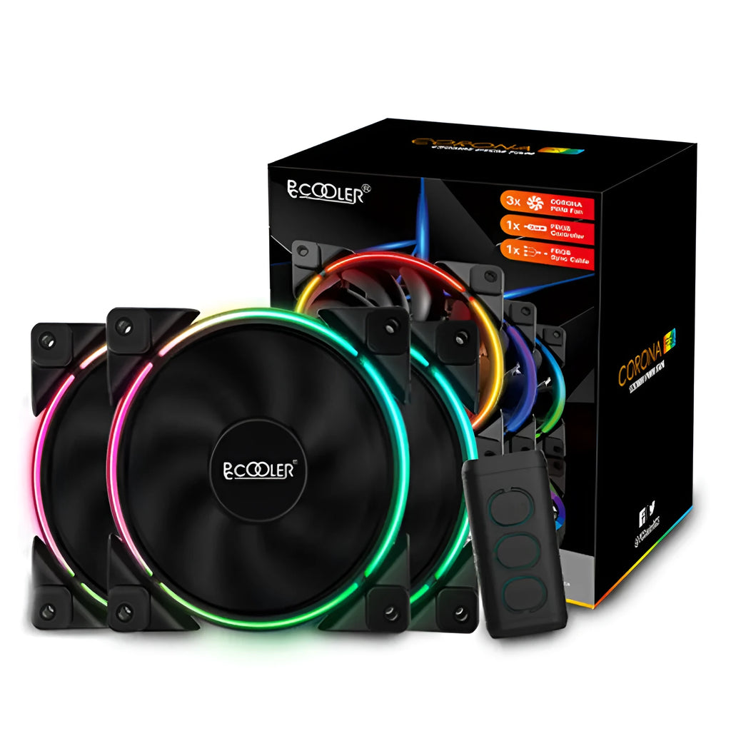 Three black 120mm RGB PC cooling fans with illuminated blades on dark background