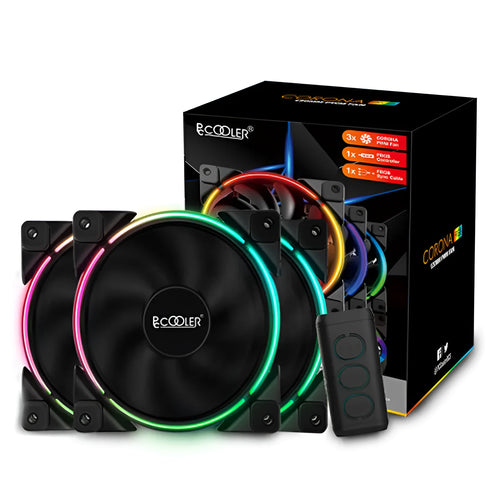 Three black 120mm RGB PC cooling fans with illuminated blades on dark background