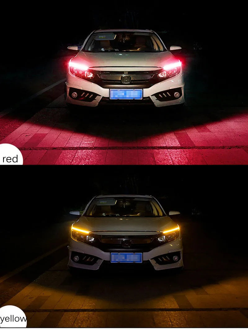 Flexible silicone car LED light strip showing daytime running light and flowing turn signal function in blue to yellow.