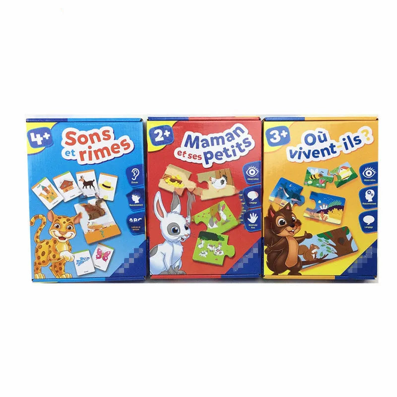 French children's educational puzzle toy showing colourful picture cards paired with French vocabulary words.