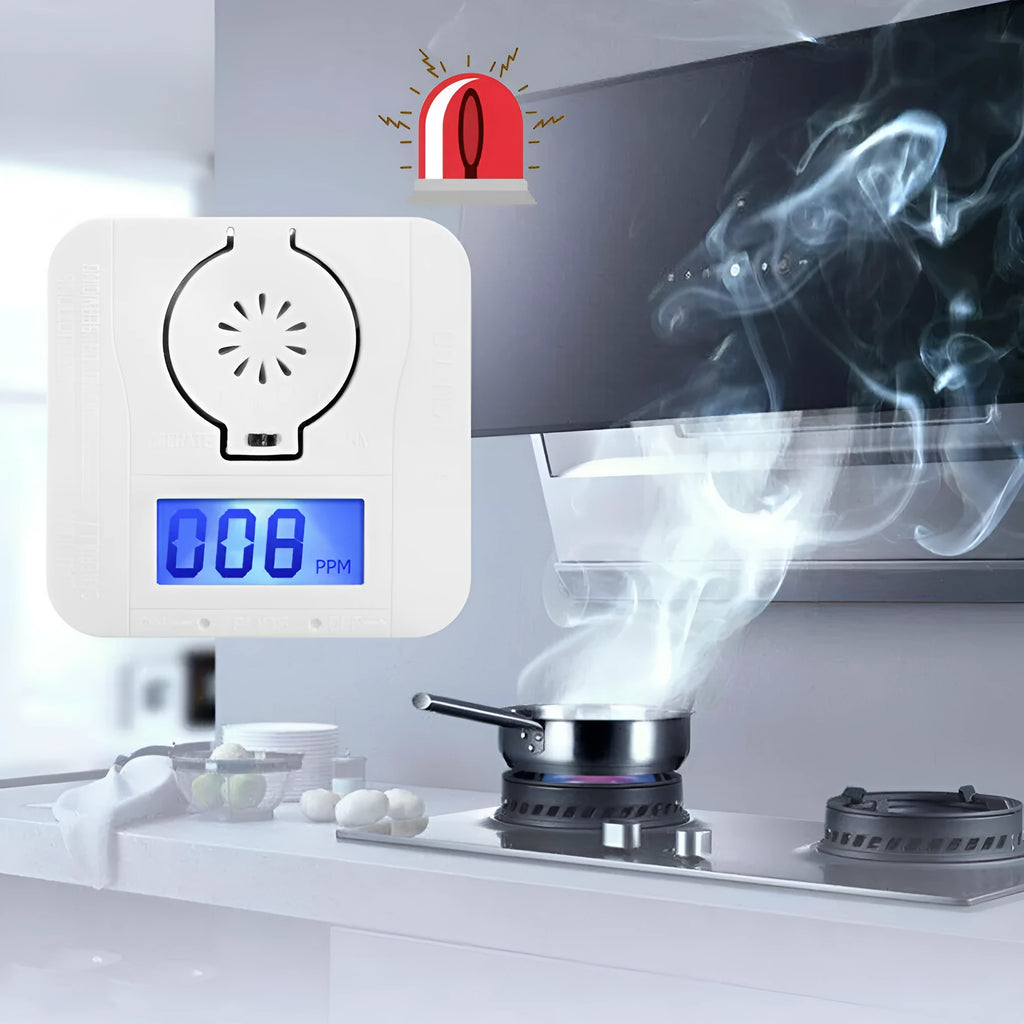 White wall-mounted wireless carbon monoxide alarm for kitchen and living room safety