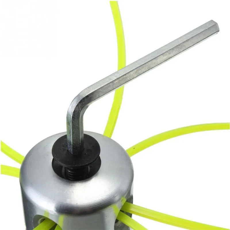 Aluminium lawn mower trimmer head accessory kit with four light yellow square grass cords and a wrench
