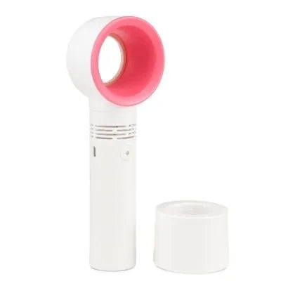 Compact portable bladeless fan in chosen colour on its base, with USB cable for charging.