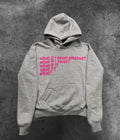Black hooded sweater with white letter print design, showing front view with hood up